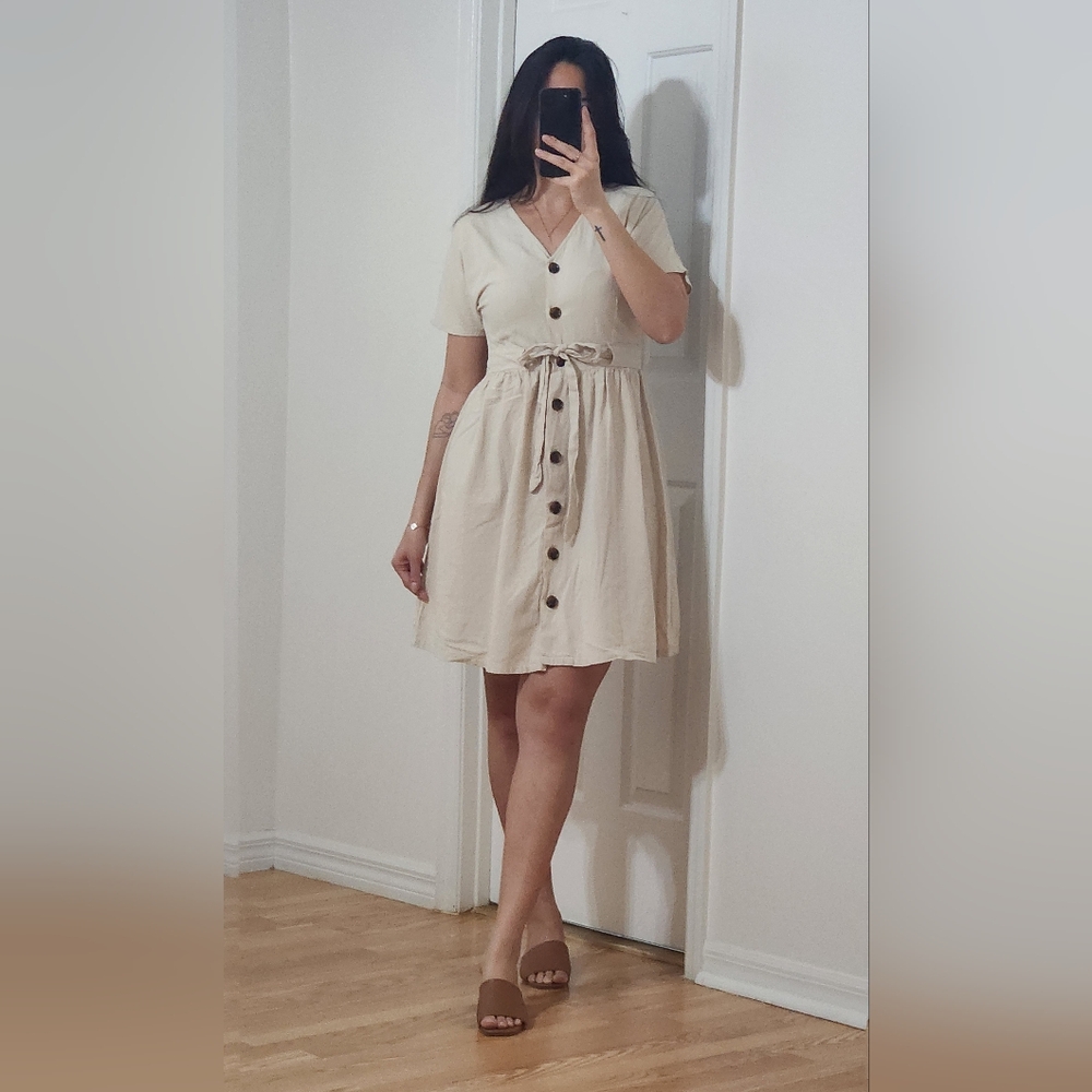 Simplee Apparel Beige Button-Down Dress